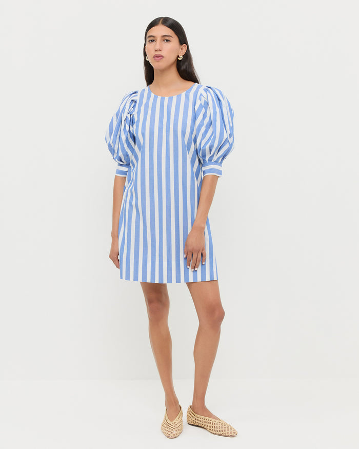 Willy Mini Dress in blue and cream striped cotton and Emery Natural Ballet Flat.