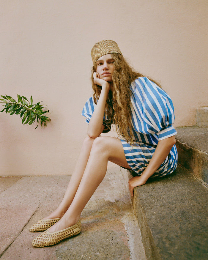 Willy Mini Dress in blue and cream striped cotton, Emery Natural Ballet Flat, and Jackie Hat in straw.