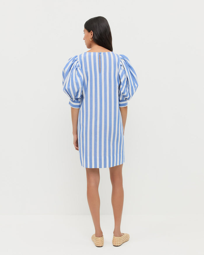 Willy Mini Dress in blue and cream striped cotton and Emery Natural Ballet Flat.