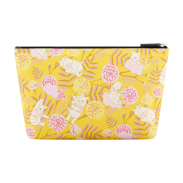 Winnie the Pooh face on vibrant yellow background with mini icons spacious interior trapezoid cosmetic bag back view