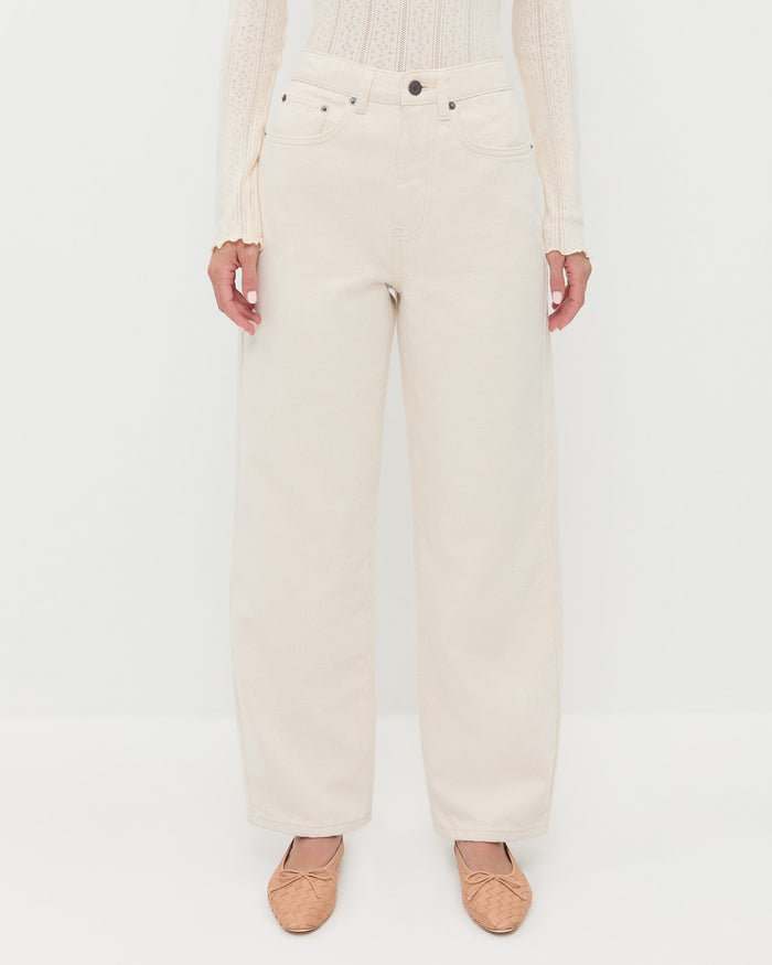 Winona Denim Pant in natural denim, Lolo Pointelle Long-Sleeve Top in cream pointelle, and Leonie Honey Woven Ballet Flat.