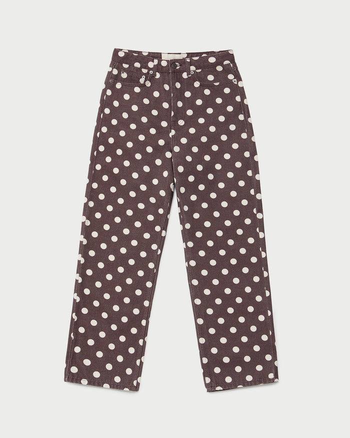 Winona Denim Pant in brown and cream polka dot denim.