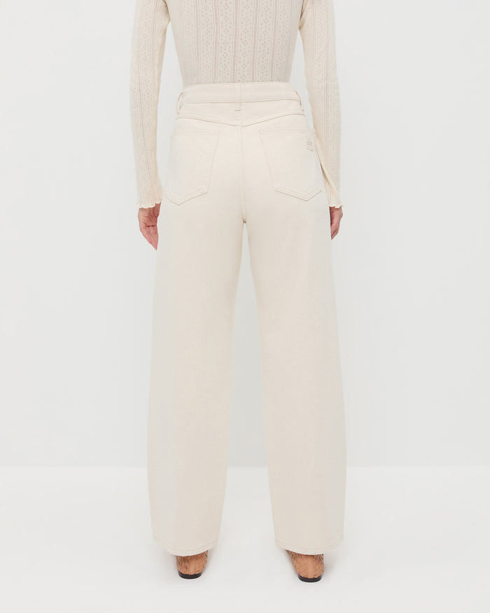 Winona Denim Pant in natural denim, Lolo Pointelle Long-Sleeve Top in cream pointelle, and Leonie Honey Woven Ballet Flat.