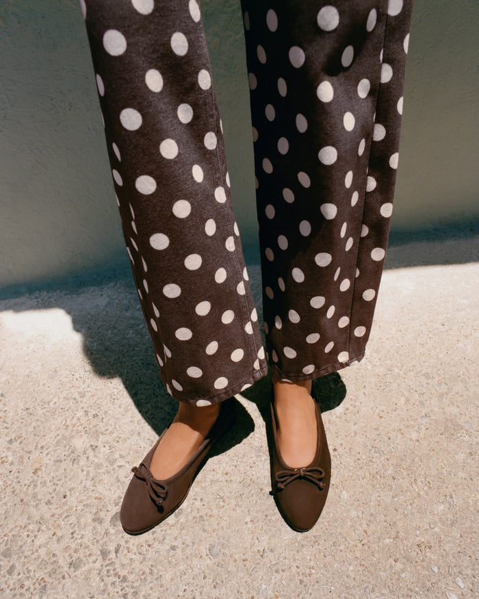Winona Denim Pant in brown and cream polka dot denim, and Noelle Dark Brown Ballet Flat.