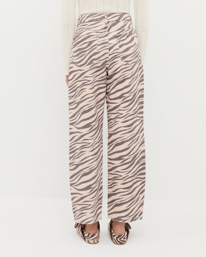 Winona Denim Pant in straight leg zebra print, Ash Cardigan in cream cotton, and Nico Zebra Two-Band Sandal.