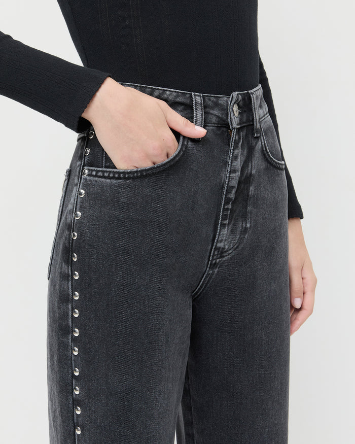 Winona Denim Pant in washed black and silver studs and Kaya Pointelle Long-Sleeve Bodysuit.