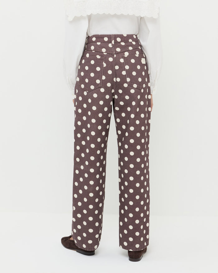Winona Denim Pant in brown and cream polka dot denim, Gail Blouse in white cotton, and Noelle Dark Brown Ballet Flat.