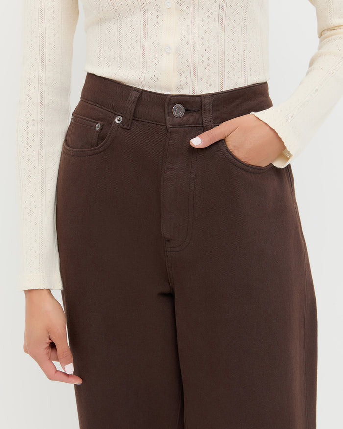 Winona Denim straight leg pant in dark brown and Ash Cardigan in cream cotton.