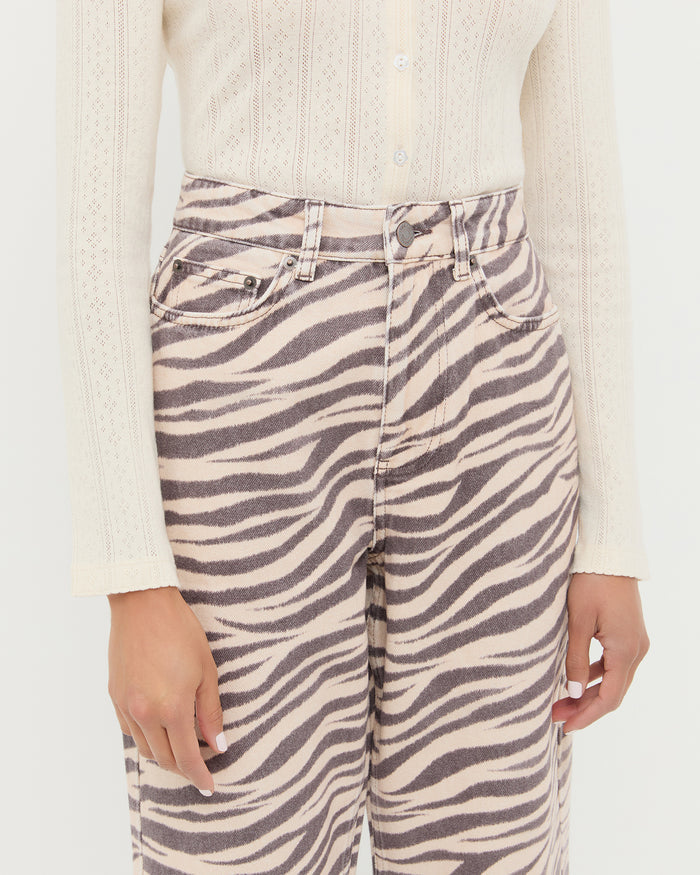 Winona Denim Pant in straight leg zebra print and Ash Cardigan in cream cotton.