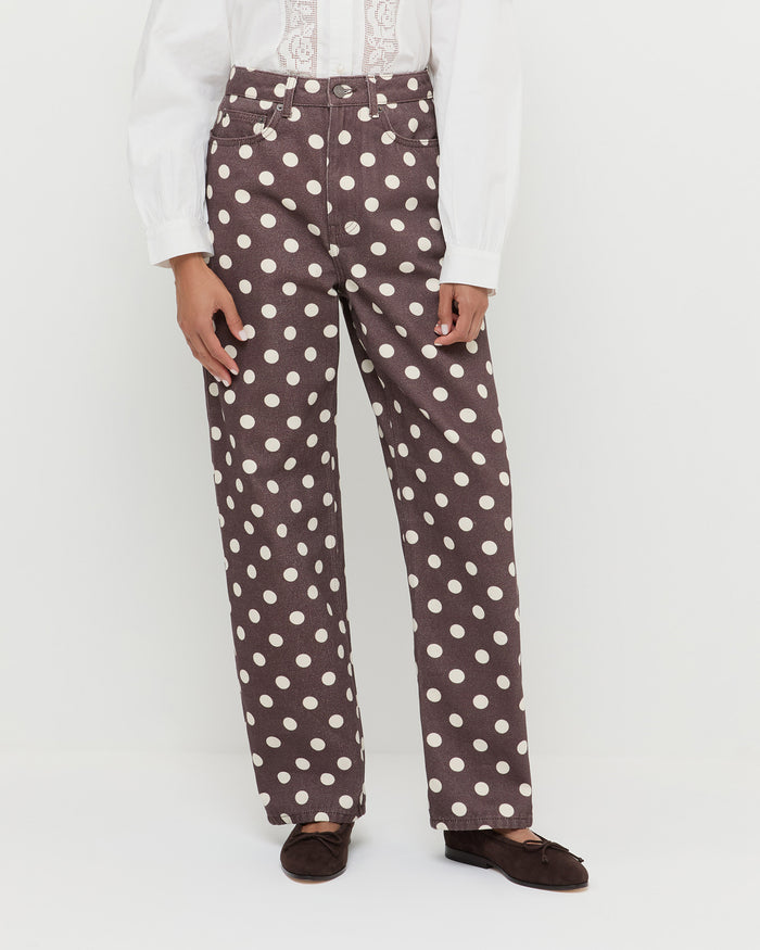 Winona Denim Pant in brown and cream polka dot denim, Gail Blouse in white cotton, and Noelle Dark Brown Ballet Flat.