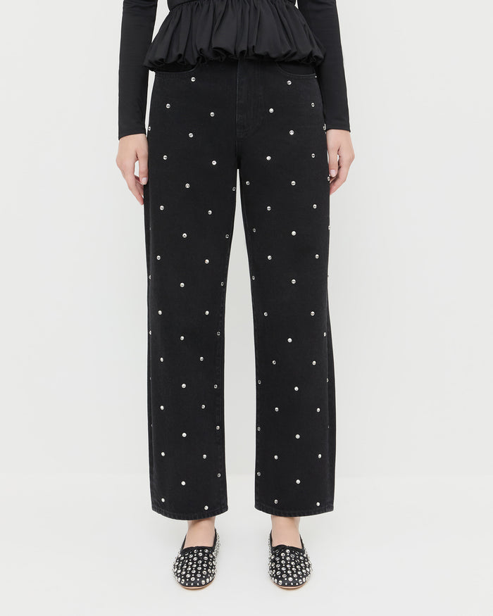 Winona Denim Pant in black denim with crystal accents all over, Posie Peplum Top in black jersey, and Landon Black/Crystal Ballet Flat.