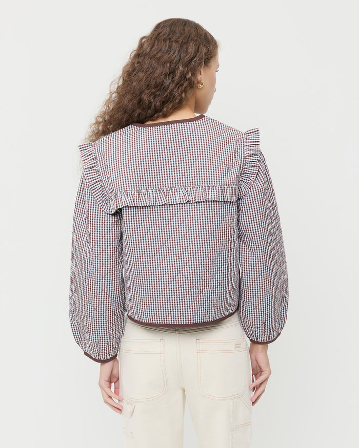 Winslet Quilted Jacket in dark brown gingham quilted cotton and Winona Denim Pant in natural denim.