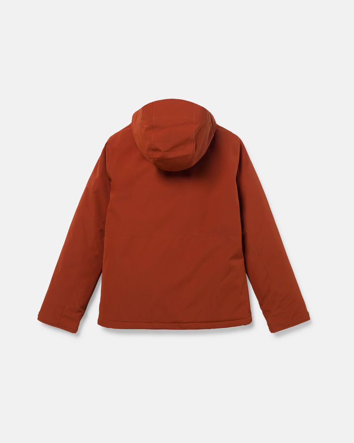 A rust-colored Volcom Women’s Bolt Insulated Jacket is laid flat, shown from the back against a plain white background. This PFAS-free DWR hooded jacket offers recycled warmth for eco-conscious comfort and protection.