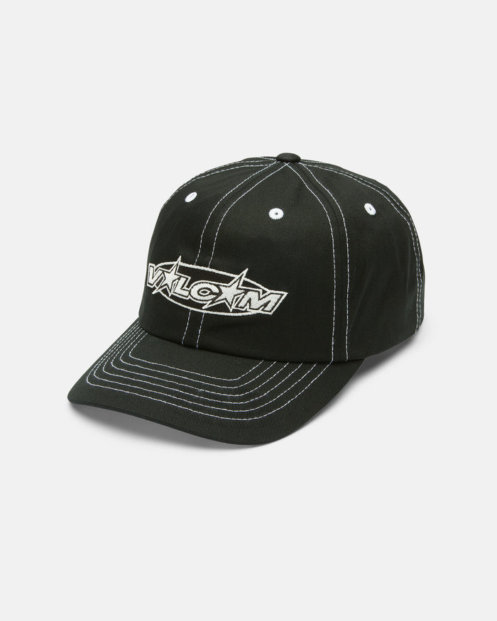 The Women's Coco Hat by Volcom is a black 5-panel baseball cap with white stitching and bold, stylized "Volcom" lettering on the front, displayed against a white background.