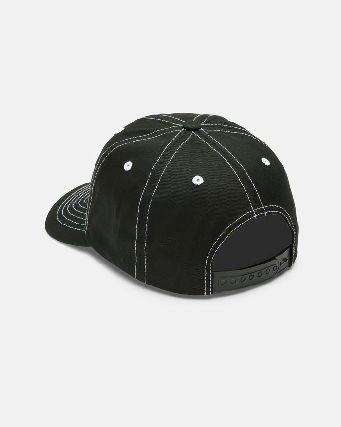 The Volcom Women's Coco Hat is displayed from the back, featuring a black 5-panel design with white stitching, ventilation eyelets, and an adjustable snapback closure.