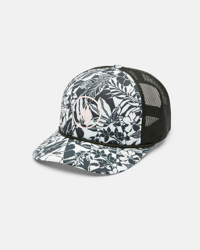 The Volcom Women's Into Paradise Trucker features a black and white design with a floral sublimation print on the front and brim, a circular logo, and classic black mesh back for breathability.