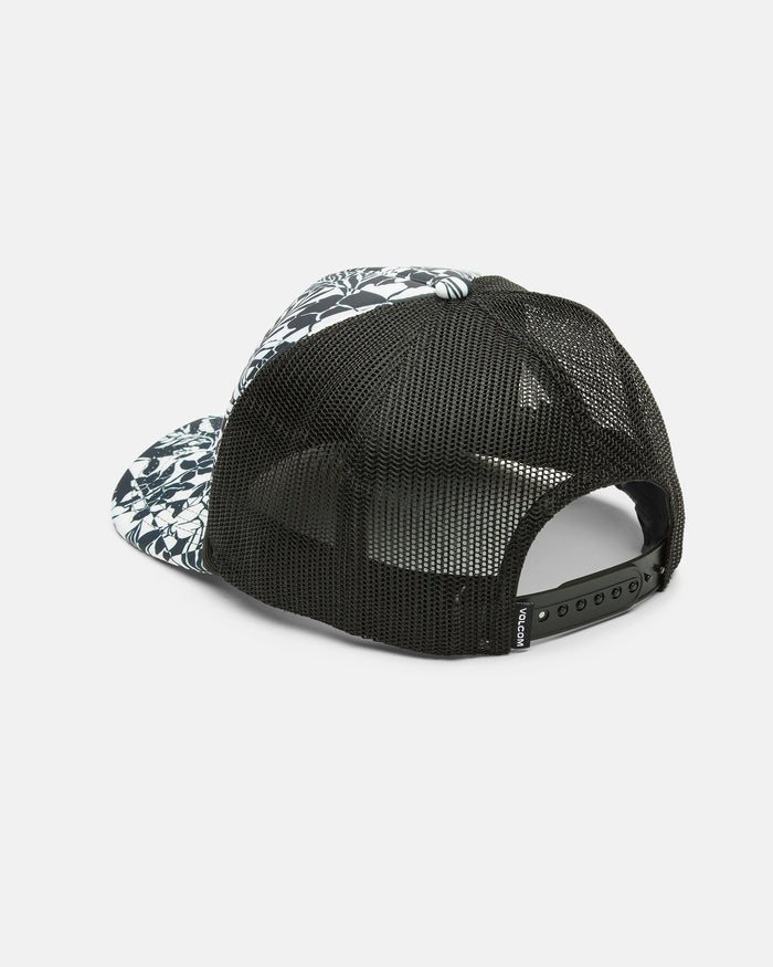 The Volcom Women's Into Paradise Trucker is a black hat with floral-patterned bill and top panels, sublimation print, breathable mesh back, and an adjustable snapback closure, shown from the back.