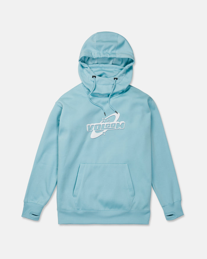 Introducing the Volcom Women’s Riding Hydro Pullover—a light blue hoodie designed for women, featuring a front pocket and an adjustable drawcord hood. Made from hydrophobic fleece to keep you dry and comfortable, this sweatshirt sports a bold white VOLCOM logo on the chest with a stylized ringed planet graphic in the background. The product is displayed against a plain white backdrop.