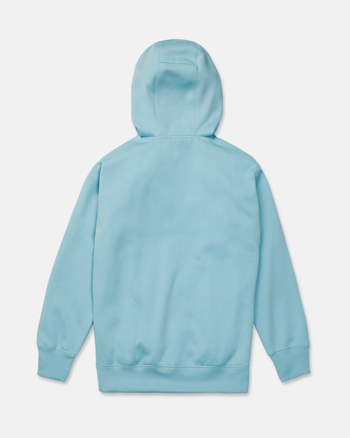 A Volcom Women’s Riding Hydro Pullover in light blue, displayed from the back and laid flat on a white background, featuring a drawcord hood for adjustable comfort.
