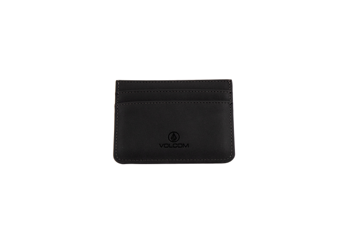 A black Volcom Women's Studette Card Wallet featuring two card slots, simple stitching, and the Volcom logo embossed on the front, displayed on a plain white background.