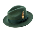 Hunter green wool felt pinch front fedora with feather accent