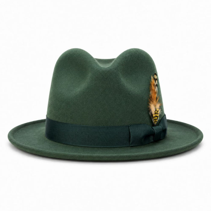 Hunter green wool felt pinch-front fedora with feather accent, front view