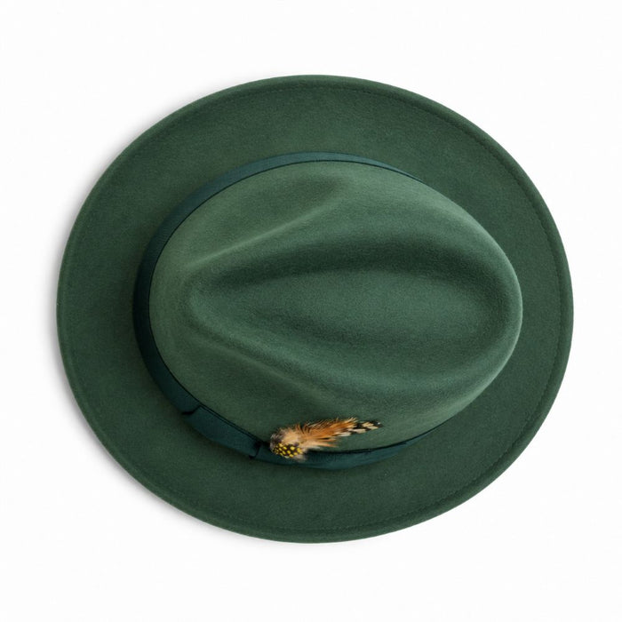 Hunter green wool felt pinch-front fedora with feather accent, top view
