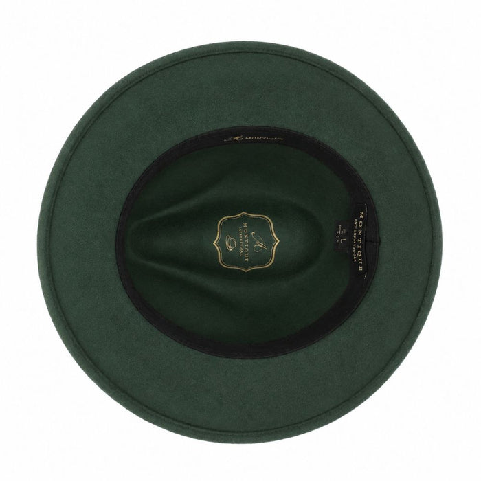 Interior view of hunter green wool felt pinch-front fedora with black sweatband and gold logo