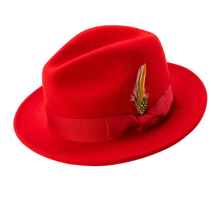 Red wool felt pinch front fedora with feather accent
