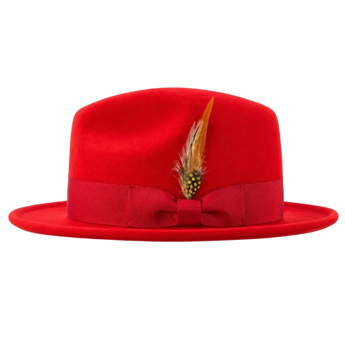Red felt fedora with matching ribbon band, bow, and brown and gold feather
