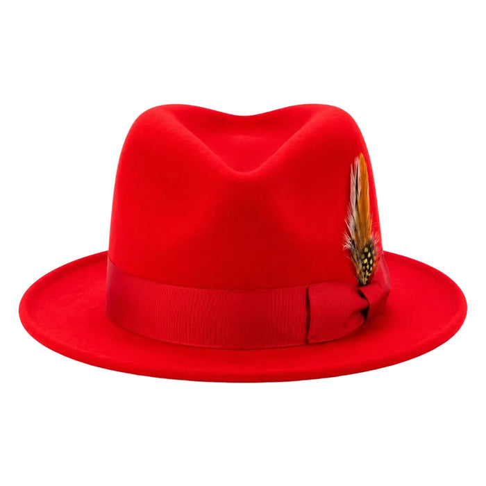 Front view of red felt fedora with matching ribbon band and feather accent